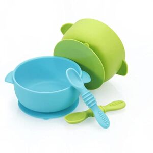 PandaEar Set of 2 Silicone Stay Put Suction Bowls | Large Cup Base| Food Grade Soft Safe BPA-Free Silicone | Babies Toddlers Infants | (Blue & Green)