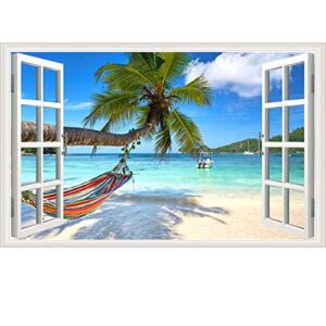 Rajahubri Beach Seascape Window Wall Sticker Palm Tree and Hammock Fake Window Wall Decals Removable Tropical Sea Window View Wall Stickers Decal for Living Room