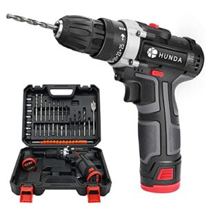 Cordless Drill Set,HUNDA Electric Drill 12.8V Portable Rechargeable Drill,Cordless Drill with Battery and Charger,30 Pcs Accessories,25+1 Clutch, 2/5″ Keyless Chuck,2 Speeds,LED Light[Upgraded]