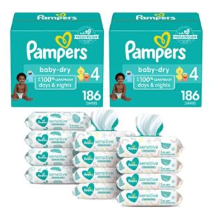 Pampers Baby Dry Disposable Baby Diapers Size 4, 2 Month Supply (2 x 186 Count) with Sensitive Water Based Baby Wipes, 12X Pop-Top Packs (864 Count)