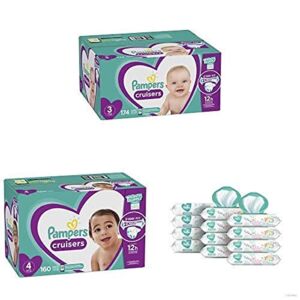 Pampers Bundle – Cruisers Disposable Baby Diapers Sizes 3, 174 Count & 4, 160 Count with Pampers Sensitive Water-Based Baby Wipes, 12 Pop-Top and Refill Combo Packs, 864 Count