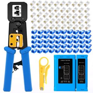 Gaobige rj45 Crimping Tool for Cat6 Cat5e Cat5, Sturdy Crimper for rj45 rj12/11 Pass-Through Connectors with 50pcs rj45 Cat5e Pass-Through Connectors, 50pcs Covers, Wire Stripper; Network Cable Tester