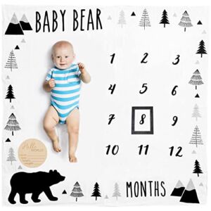 Organic Baby Monthly Milestone Blanket Boy – Baby Bear Blanket Months with Frame and Newborn Announcement Disc – Baby Boy Age Blanket for 1-12 Month Milestones, 47”x47”