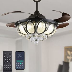 Moooni Fandelier Retractable Blades Ceiling Fans with Lights and Remote Controller, Dimmalbe Crystal Chandelier Fan Light Kit for Bedroom Dining Room 42 Inch Black