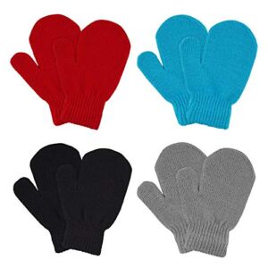 MENOLY 4 Pairs Toddler Magic Stretch Mittens Winter Warm Kids Knit Gloves for Little Girls Boys 4 colors