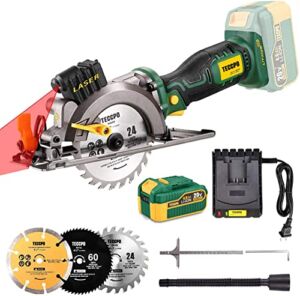 TECCPO Cordless Circular Saw, 4.0Ah 20V 4,500RPM Saw with Laser, 3 Blades(4-1/2″), Fast Charger, Max Cutting Depth 1-11/16”(90°), 1-1/8”(45°), for Wood, Plastic, Soft Metal and Tile Cuts – MTW510B