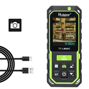 Huepar Laser Distance Meter with Camera 2X/4X Zoom, 295Ft High Accuracy Rechargeable Laser Measure M/in/Ft with 17 Measurement Modes-Pythagoras, Stake Out, Tilt Sensor, Color Backlit Display- LM90C