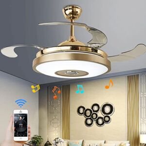 MoreChange 42” Modern Smart Bluetooth Ceiling Fans with Lights and Remote Control, Retractable Chandelier Fan Lighting with Speaker Play Music 7 Colorful Dimmable Fixture for Living Room(Rose Gold)