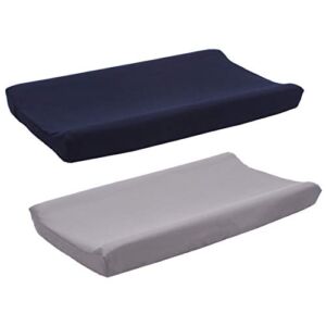 Belsden 2 Pack Microfiber Soft Changing Pad Cover Set, with 2 Considerate Safety Belt Holes, Durable Diaper Change Table Sheet Set for Baby Boys, 16″ by 32″ Plus Generous 8″ Depth, Grey & Navy Colors