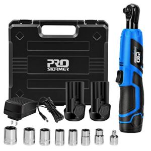 3/8″ Cordless Ratchet Wrench Set, Prostormer 12V Electric Ratchet Tool Kit with 2-Pack 2000mAh Lithium-Ion Battery and Charger, 7-Piece Sockets and 1-Piece 1/4″ Socket Adapter