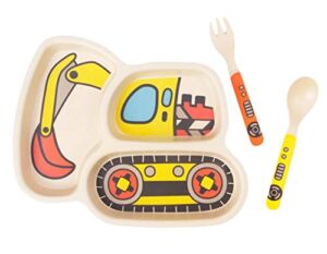 Kid Plate Set Bamboo Toddler Plates Dinnerware Dinner Dish Set Baby Feeding Spill Proof Divided Plate – Baby Spoon and fork 3-Piece Set for Kids and Toddlers Teaches Child Portion Control