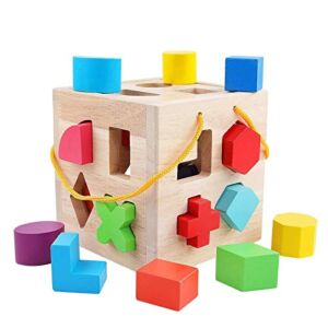 QZMTOY Big Shape Sorter Toys with 19pcs Colorful Geometric Shape Blocks and Sorting Cube Box Classic Wooden Developmental Toy for Preschool Toddlers Girl Boys Birthday Gift(Natural Solid Wood)
