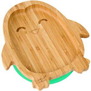 Bamboo Baby Plate with Suction – Kids and Toddler Suction Cup Plate for Babies, Non-toxic All-Natural Bamboo Baby Food Plate Stays Cool to the Touch for Baby-Led Weaning (Penguin-Green)