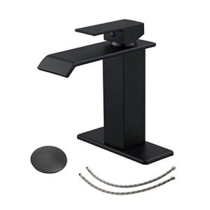 BWE Black Bathroom Faucet Modern Waterfall Matte Black Bathroom Sink Faucet Single Hole with Pop Up Drain Parts Spout Bath Lavatory Vanity Stopper Overflow and Supply Hose Single Handle
