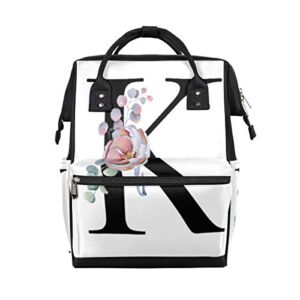 TropicalLife Letter K Floral Watercolor Diaper Backpack Large Capacity Baby Bags Multi-Function Zipper Casual Travel Backpacks for Mom Dad Unisex