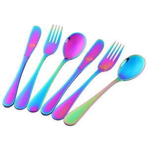 Bisda Flatware Silverware sets, 6pcs 18/8 Stainless Steel Cutlery Serving for 2, BPA-free Self-feeding Safe Utensils, Mirror Polished (Rainbow)