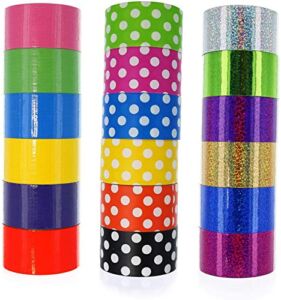 GIFTEXPRESS 18 Assorted Colored Duct Tapes, Holographic Polka Dot Duct Tapes – Multi Purposes Bright Colors Tapes Great for DIY Art Home School Office Colors: Pink Purple red Orange Gold ect. 2″ Roll