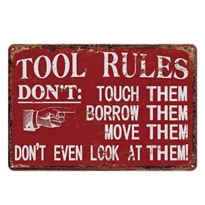 Red Garage Tool Rule Tin Metal Wall Decoration, Original Design Thick Tinplate Tool Rules Wall Art Signs for Garage