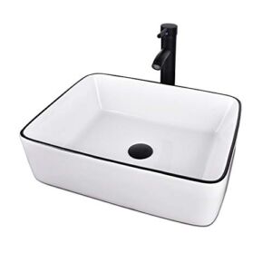 White Ceramic Bathroom Sink, 19″ x 15″ Above Counter Porcelain Vessel Sink with Black Faucet and Pop up drain Combo, Rectangle