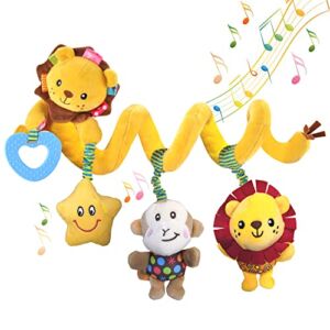 Hanging Car Seat Toys, Baby Activity Spiral Plush Toys with Music Box Rattles Monkey Lion Teether for Car Seat Stroller Crib Mobile, Animal Travel Toys for Infant Newborn 0 3 6 12 Months