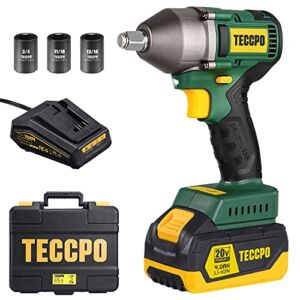 TECCPO Impact Wrench, Brushless 20V MAX Cordless Impact Wrench, 4.0Ah Li-ion Battery, 1/2 Inch, 300 Ft-lbs(400N.m) Max, 3 Variable Speed Wrench, 1 hour Fast Charger, 3 Sockets, Tool Box – BHD850B