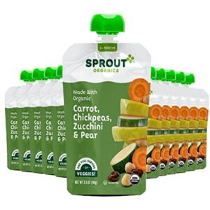 Sprout Organic Baby Food, Stage 2 Pouches, Carrot & Chickpea Plant Powered Protein, 3.5 Oz Purees (Pack of 12)