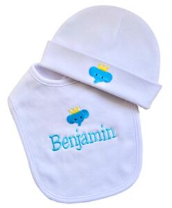 Personalized ELEPHANT Baby Bib with Embroidered Name and Matching Cotton Hat Baby Shower Keepsake Gift Set (Blue Set)