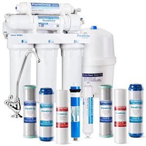 PureDrop RTW5 5 Stage Reverse Osmosis RO Water Filtration System with Faucet and Tank – Under Sink Water Filter Plus Extra Pre Filter Set, TDS Reduction, White