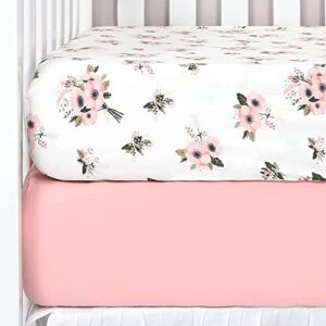 TILLYOU 2 Pack Fitted Crib Sheet Set – 100% Natural Cotton Toddler Bed Mattress Sheets,Standard 28”x 52” x 8”, Pink&Floral Flowers