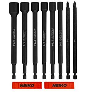 NEIKO 10067A Magnetic Impact Nut Driver and Power Bit Tool Set | 8 Pieces, SAE | 6 Inches | Shank Nut Driver Bits Setters | Magnetic Tip Sockets | 1/4 Inch Hex Shank