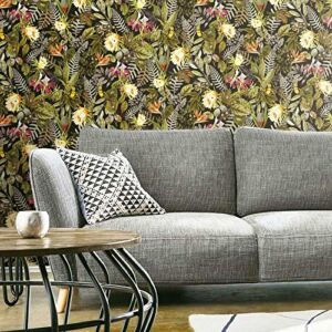 RoomMates RMK11450WP Black and Green Tropical Flowers Peel and Stick Wallpaper