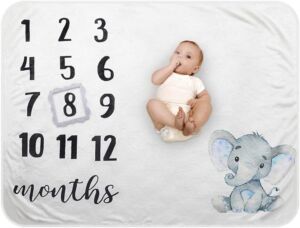 Baby Monthly Milestone Blanket – Organic Plush Fleece Photography Background Prop for Boy Girl Newborn Soft Elephant Blanket with Frame Large 47”x40”