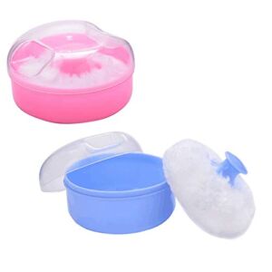 2 Pcs Pink and Blue Plastic Baby Care After-bath Powder Puff with Portable Talcum Powder Holder Box Empty Makeup Container Prickly Heat Powder Applicator Flutter for Baby Skin Care