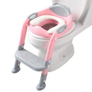 Potty Training Seat Ladder Girls, Toddlers Toilet Training Potty Seat, Kids Potty Training Toilet Seat with Ladder (Gray/Pink)