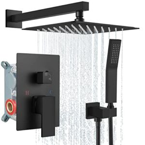 Aolemi Matte Black Rainfall Shower System 12 Inch Shower Head Combo Set with Handheld Shower Luxury Pressure Rough-In Valve Included Wall Mount Bathroom Shower Mixer Faucet