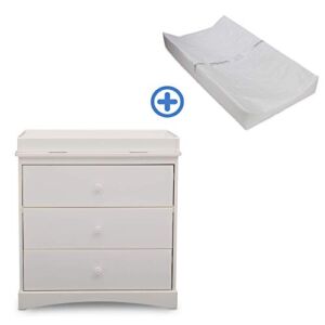 Delta Children Sutton 3 Drawer Dresser with Changing Top, White and Contoured Changing Pad, White