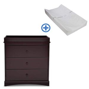 Delta Children Sutton 3 Drawer Dresser with Changing Top, Espresso Java and Contoured Changing Pad, White