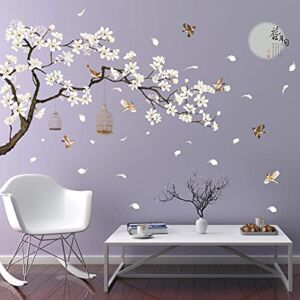 RW-2022 Removable DIY Romantic Warm White Cherry Blossom Tree and Flower Wall Decal 3D Wall Art Stickers Murals Home Decor for Kids Gilrs Bedroom Baby Nursery Rooms Living Room Offices Decoration