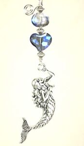 Purple-Blue Iridescent Faceted Glass Heart, Water Bubble and Silvery Metal Mermaid Ceiling Fan Pull Chain