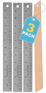 1InTheOffice Metal Ruler 12 Inch, Stainless Steel 12 Inch Ruler with Cork Back and Hanging Hole – 1/16″ Standard Scale Metal Ruler 12 inch – 3 Pack