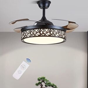42 inch Black Cage Ceiling Fan with Lights, Ceiling Fan with Retractable Blades Three Color Change Chandelier with Remote Control, Dining Room/Living Room/Bedroom Lighting Decoration-36W