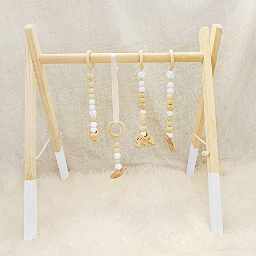 Cynzia Baby Foldable Wooden Play Gym with 4 Theething Gym Toys Frame Activity Gym Natural Hanging Bar Newborn Gift Baby Girl and Boy Gym (White) | The Storepaperoomates Retail Market - Fast Affordable Shopping