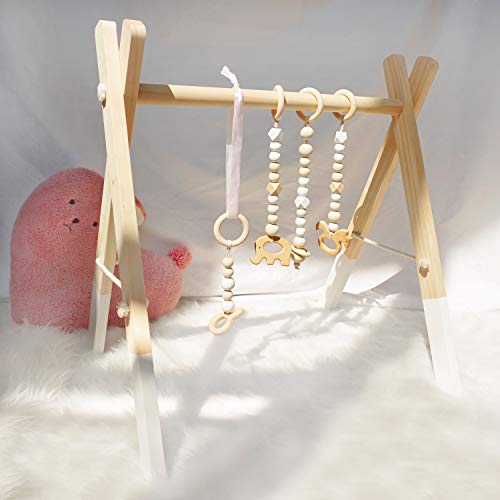 Cynzia Baby Foldable Wooden Play Gym with 4 Theething Gym Toys Frame Activity Gym Natural Hanging Bar Newborn Gift Baby Girl and Boy Gym (White) | The Storepaperoomates Retail Market - Fast Affordable Shopping