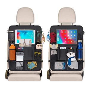 Car Seat Organizer 2 Pack with Kick Mats – Muti-Pocket Back Seat Storage Bag with Touch Screen Tablet Holder, to Organize Toy, iPad, Bottle, Snacks, Books