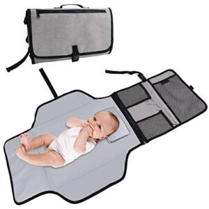 Baby Portable Changing Pad, Waterproof Diaper Bag, Travel Mat Station Built-in Head Cushion and Pockets Grey Large