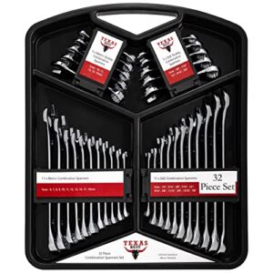 Texas Best Chrome Vanadium Steel Combination Wrench Set | SAE (Inch) & Metric Sizes | Quick Access Hanging Tray | Carry Case Master Organizer Included (32 Pc)