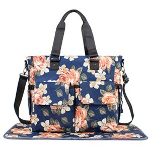 H HIKKER-LINK Womens Large Floral Waterproof Diaper Bag Weekend Bags Handbag for Mom Tote Changing Pad Dark Blue