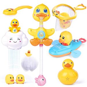 FUN LITTLE TOYS 9 PCs Baby Bath Toys, Duck Spray Water Toy, Bath Squirters, Bath Boat, Fishing Net, Bathtub Toys for Kids, Best Gifts for Kids