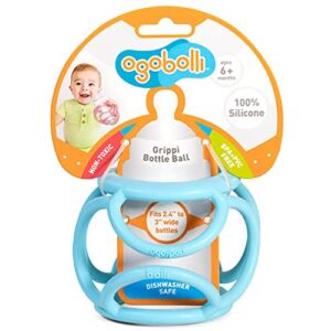 OgoBolli Grippi Baby Bottle Holder and Sensory Teether Toy for Babies – for 2.4″-3″ Wide Bottles – Made from Safe, Stretchy Silicone, Non-Toxic, PVC, BPA and Phthalate Free – Ages 6+ Months – Blue