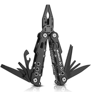 Suruid Multitool Pliers Portable Pocket Knife Camping Tool Gifts for Men 12 in 1 Multi Tool with Safety Lock Screwdrivers Saw Bottle Opener Durable Sheath for Camping Survival Hiking Simple Repair